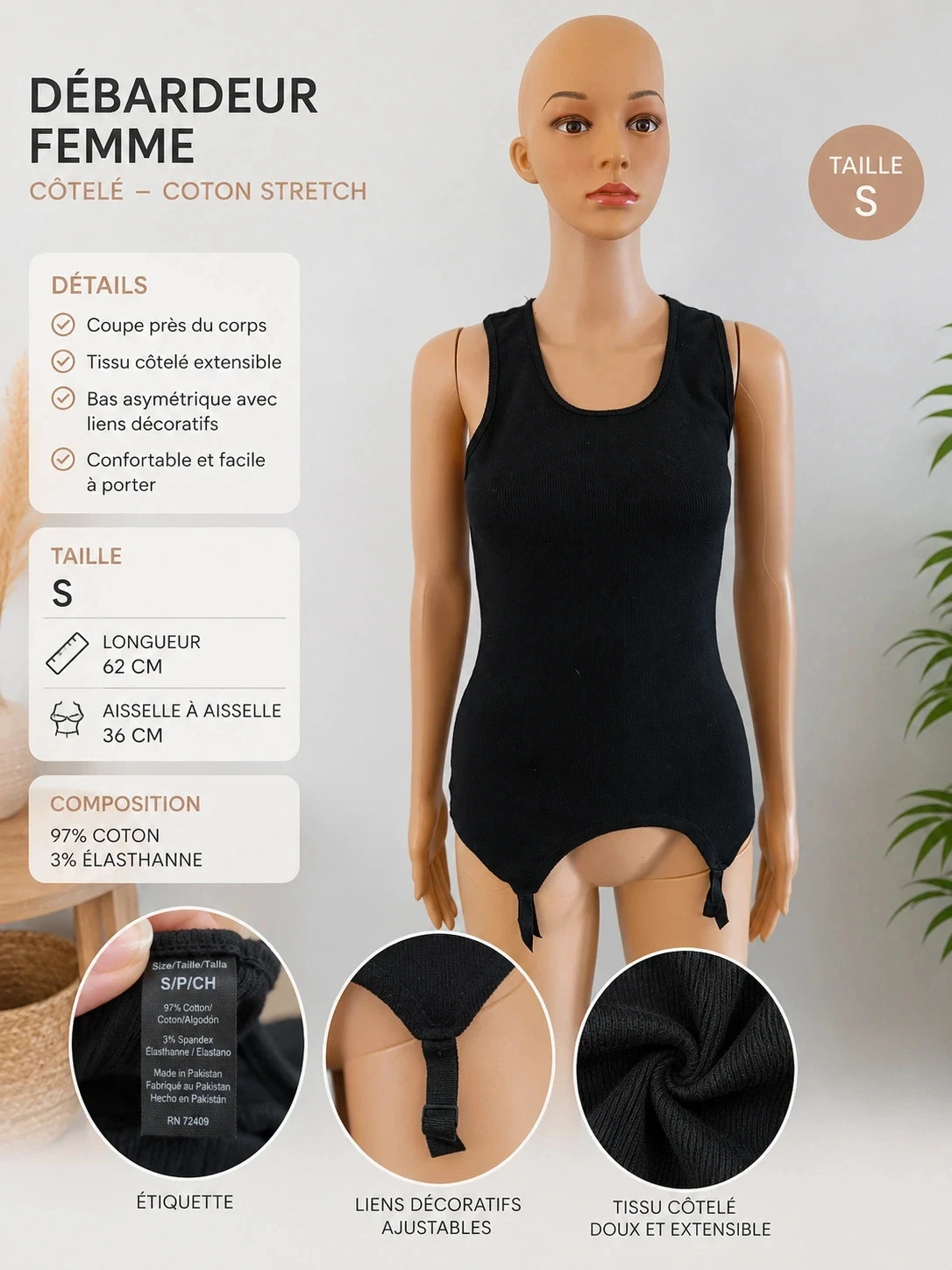 DĂ©bardeur noir cĂŽtelĂ© femme taille S â coton stretch â style bas asymĂ©trique